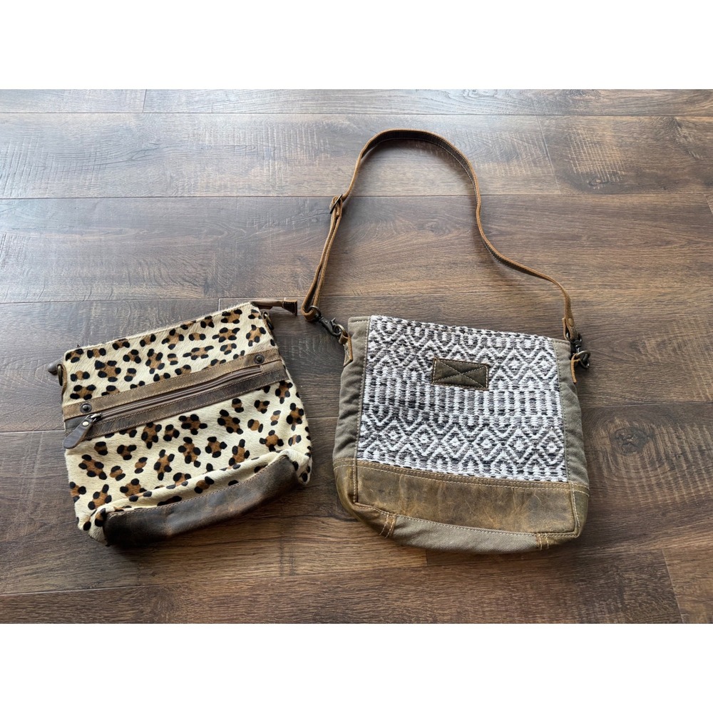 Myra Bag Leopard Print Hair On Hide Canvas Leather Crossbody Bag Purse
